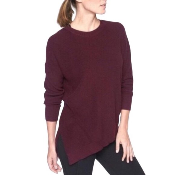 Athleta Rest Day Crew Neck Sweater Cotton Silk Burgundy Purple Asymmetrical S - Picture 1 of 10